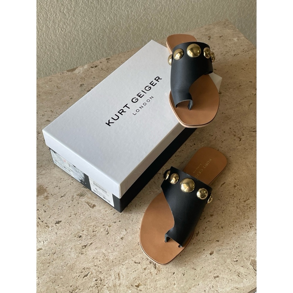 KURT GEIGER Black Leather Gold Ball Studded Toe Ring Sandals - EU 38 / 7.5-8 NIB - Picture 11 of 14